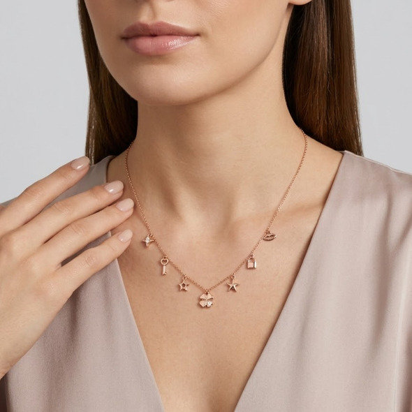 Whimsical Lucky Charm Station Necklace – Rose Gold Plated 92.5 Sterling Silver Choker with Clover, Key, and Celestial Accents