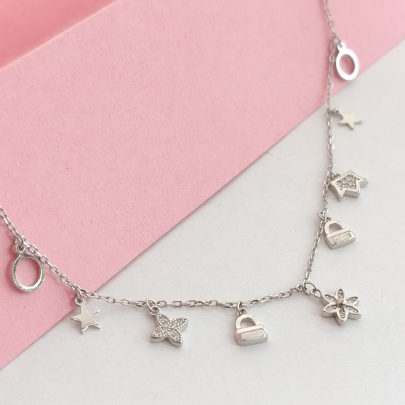 Whimsical Multi-Charm Celestial Necklace – 92.5 Sterling Silver Mixed Charm Station Choker with Star, Flower, and Padlock Accents