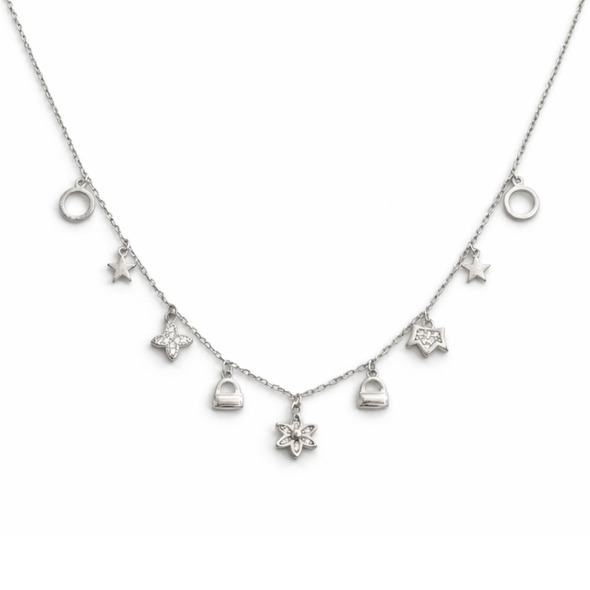 Whimsical Multi-Charm Celestial Necklace – 92.5 Sterling Silver Mixed Charm Station Choker with Star, Flower, and Padlock Accents
