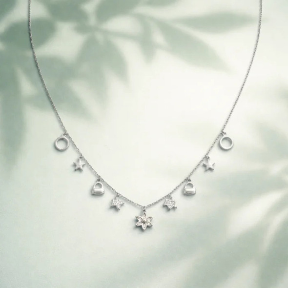 Whimsical Multi-Charm Celestial Necklace – 92.5 Sterling Silver Mixed Charm Station Choker with Star, Flower, and Padlock Accents