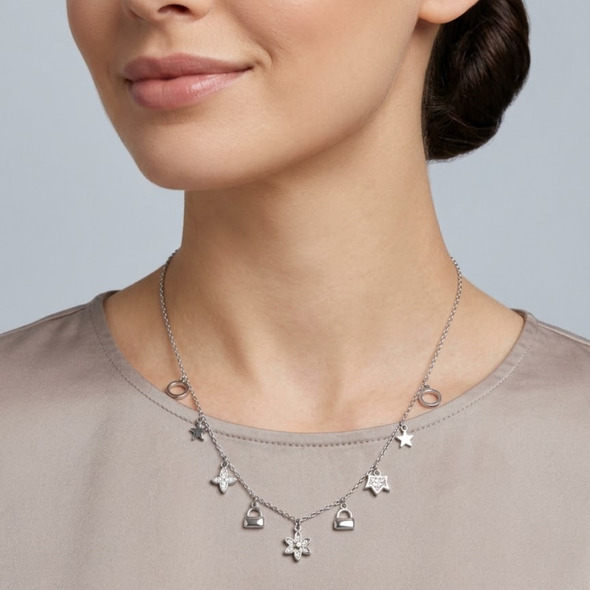 Whimsical Multi-Charm Celestial Necklace – 92.5 Sterling Silver Mixed Charm Station Choker with Star, Flower, and Padlock Accents