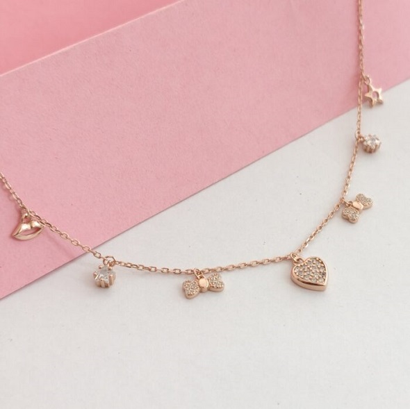 Whimsical Multi-Charm Romantic Choker – Rose Gold Plated 92.5 Sterling Silver Station Necklace with Pavé Heart, Bow, and Lip Accents