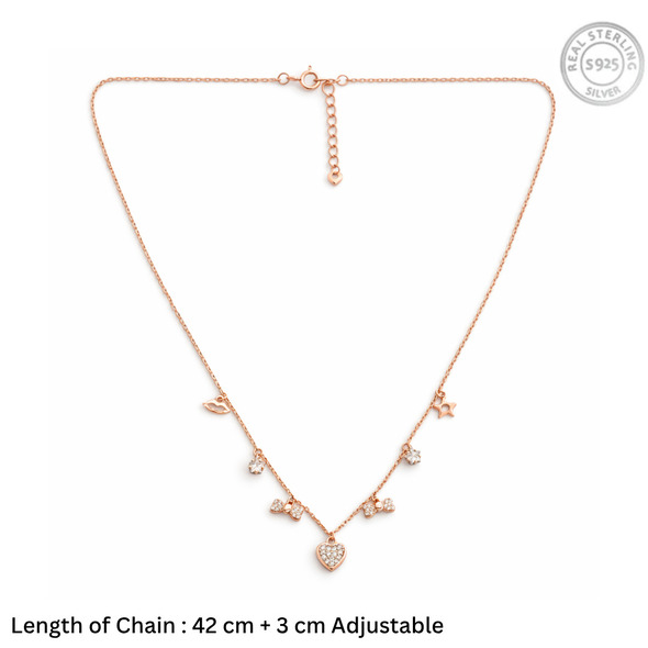 Whimsical Multi-Charm Romantic Choker – Rose Gold Plated 92.5 Sterling Silver Station Necklace with Pavé Heart, Bow, and Lip Accents