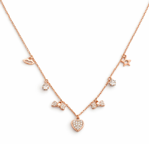 Whimsical Multi-Charm Romantic Choker – Rose Gold Plated 92.5 Sterling Silver Station Necklace with Pavé Heart, Bow, and Lip Accents