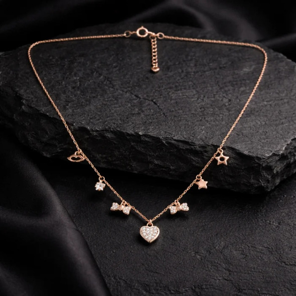 Whimsical Multi-Charm Romantic Choker – Rose Gold Plated 92.5 Sterling Silver Station Necklace with Pavé Heart, Bow, and Lip Accents