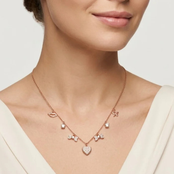 Whimsical Multi-Charm Romantic Choker – Rose Gold Plated 92.5 Sterling Silver Station Necklace with Pavé Heart, Bow, and Lip Accents