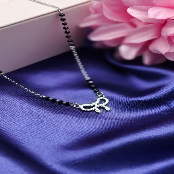 925 Sterling Silver CZ Bow Mangalsutra Necklace | Black Bead Daily Wear Mangalsutr
