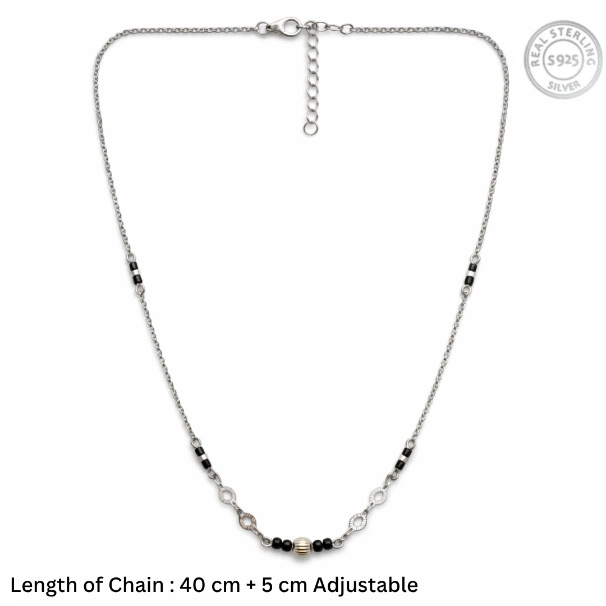 Architectural Globe Mangalsutra – 92.5 Sterling Silver Mixed Chain Necklace with Sacred Black Beads and Textured Station Accents