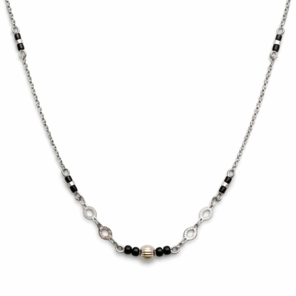 Architectural Globe Mangalsutra – 92.5 Sterling Silver Mixed Chain Necklace with Sacred Black Beads and Textured Station Accents