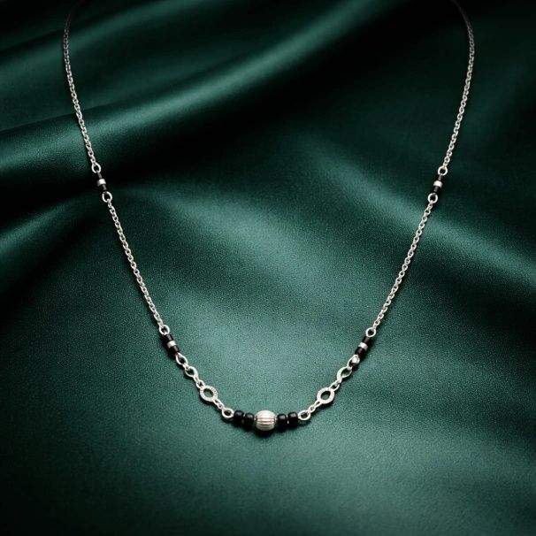 Architectural Globe Mangalsutra – 92.5 Sterling Silver Mixed Chain Necklace with Sacred Black Beads and Textured Station Accents