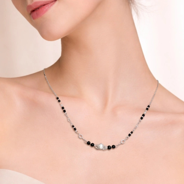 Architectural Globe Mangalsutra – 92.5 Sterling Silver Mixed Chain Necklace with Sacred Black Beads and Textured Station Accents