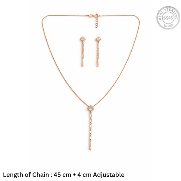 Architectural Princess-Cut Tassel Jewelry Set – Rose Gold Plated 92.5 Sterling Silver Lariat Necklace & Linear Drop Earrings