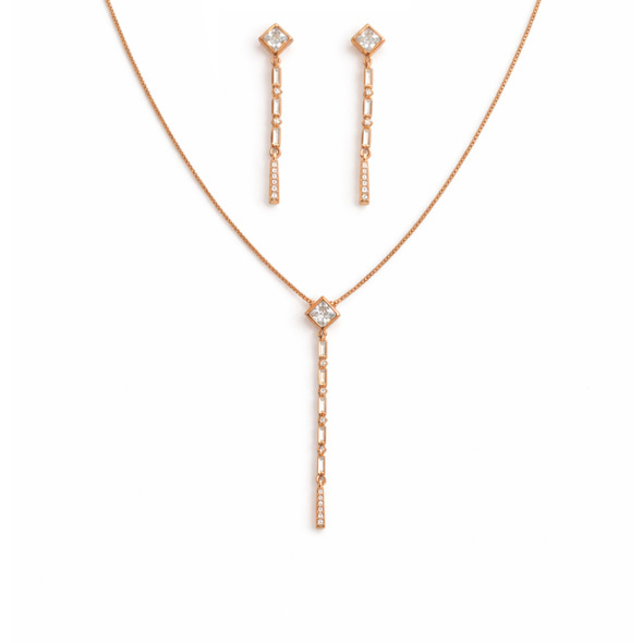Architectural Princess-Cut Tassel Jewelry Set – Rose Gold Plated 92.5 Sterling Silver Lariat Necklace & Linear Drop Earrings