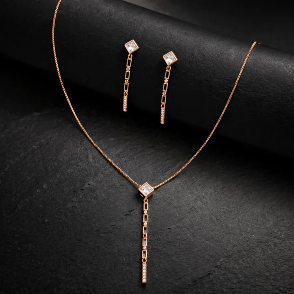 Architectural Princess-Cut Tassel Jewelry Set – Rose Gold Plated 92.5 Sterling Silver Lariat Necklace & Linear Drop Earrings