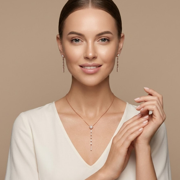 Architectural Princess-Cut Tassel Jewelry Set – Rose Gold Plated 92.5 Sterling Silver Lariat Necklace & Linear Drop Earrings