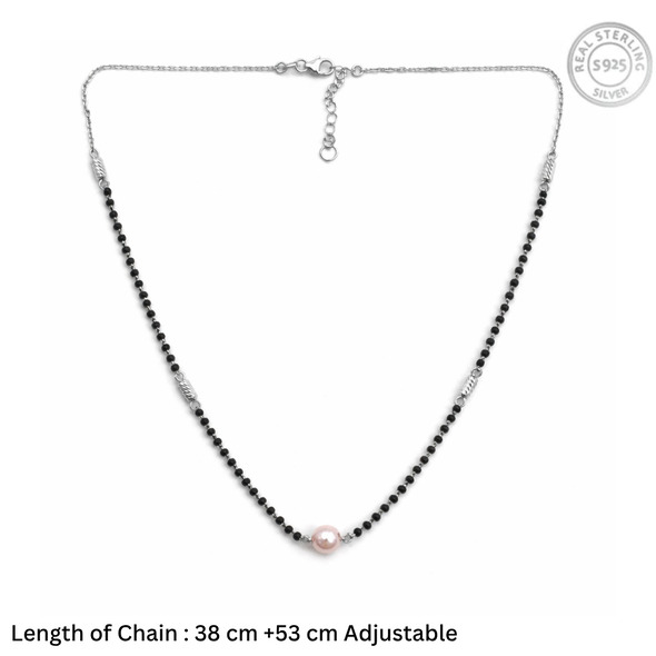 Blush Pearl Mangalsutra – 92.5 Sterling Silver Necklace with Sacred Black Beads and Rose-Hued Center Pearl