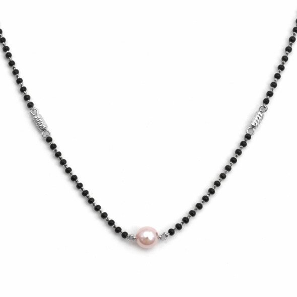 Blush Pearl Mangalsutra – 92.5 Sterling Silver Necklace with Sacred Black Beads and Rose-Hued Center Pearl