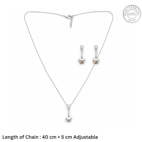 Dainty Two-Tone Heart Drop Jewelry Set – 92.5 Sterling Silver Necklace & Earrings with Sparkling Crystal Accents