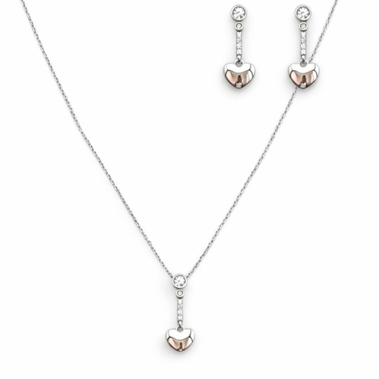 Dainty Two-Tone Heart Drop Jewelry Set – 92.5 Sterling Silver Necklace & Earrings with Sparkling Crystal Accents