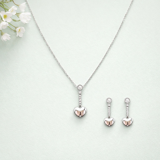 Dainty Two-Tone Heart Drop Jewelry Set – 92.5 Sterling Silver Necklace & Earrings with Sparkling Crystal Accents