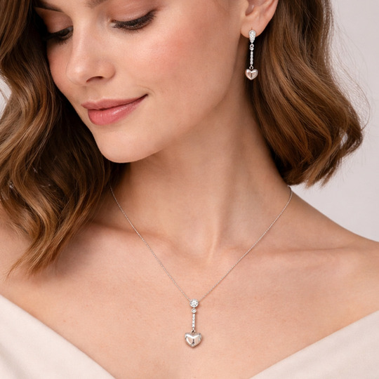 Dainty Two-Tone Heart Drop Jewelry Set – 92.5 Sterling Silver Necklace & Earrings with Sparkling Crystal Accents