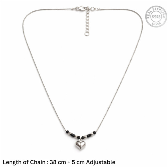 Dainty Heart Charm Mangalsutra – 92.5 Sterling Silver Minimalist Necklace with Puffed Heart Pendant and Sacred Black Beads