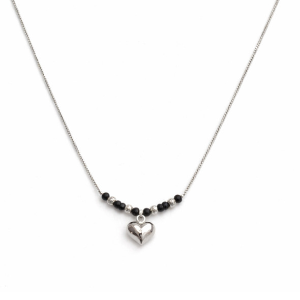Dainty Heart Charm Mangalsutra – 92.5 Sterling Silver Minimalist Necklace with Puffed Heart Pendant and Sacred Black Beads