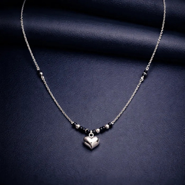 Dainty Heart Charm Mangalsutra – 92.5 Sterling Silver Minimalist Necklace with Puffed Heart Pendant and Sacred Black Beads