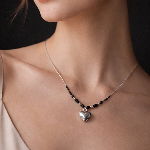 Dainty Heart Charm Mangalsutra – 92.5 Sterling Silver Minimalist Necklace with Puffed Heart Pendant and Sacred Black Beads