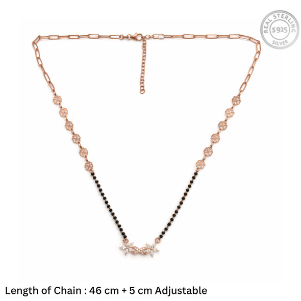 Floral Filigree Paperclip Mangalsutra – Rose Gold Plated 92.5 Sterling Silver Necklace with Sacred Black Beads and Crystal Blossom Pendant