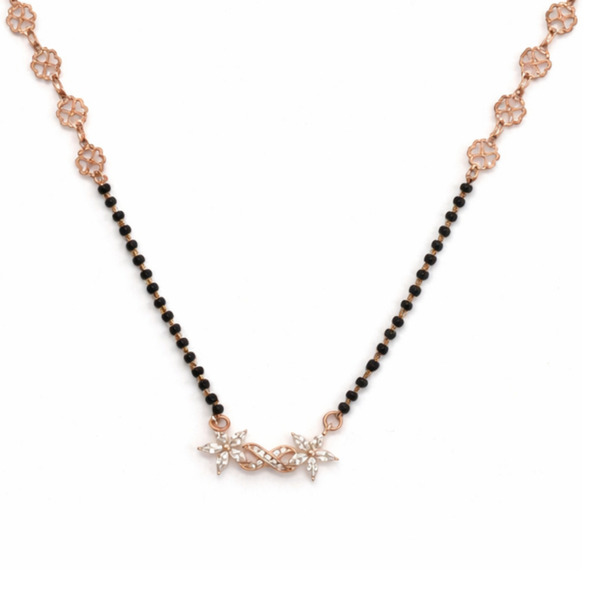 Floral Filigree Paperclip Mangalsutra – Rose Gold Plated 92.5 Sterling Silver Necklace with Sacred Black Beads and Crystal Blossom Pendant