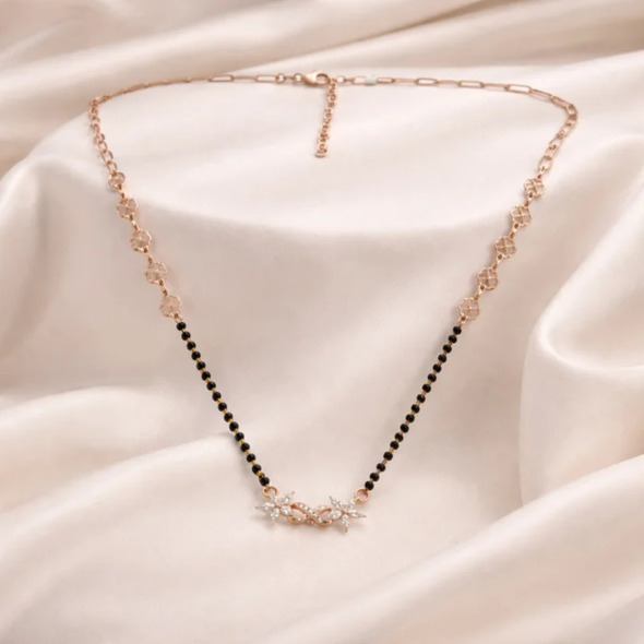 Floral Filigree Paperclip Mangalsutra – Rose Gold Plated 92.5 Sterling Silver Necklace with Sacred Black Beads and Crystal Blossom Pendant