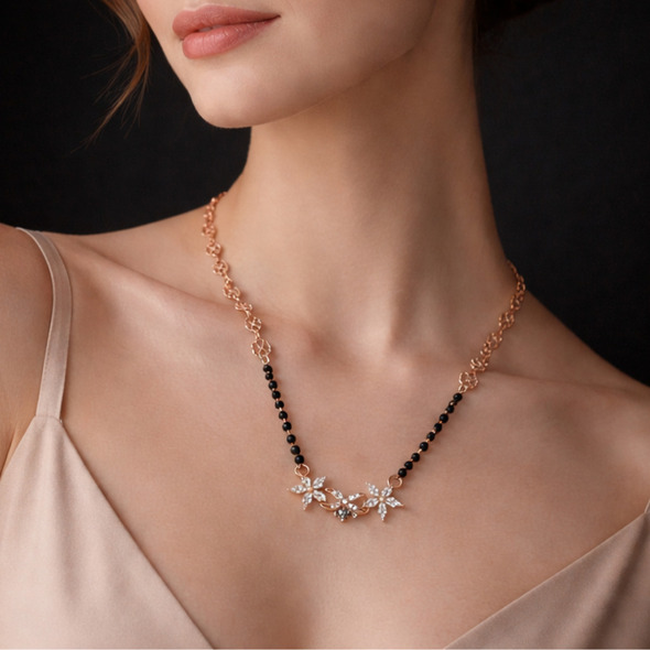Floral Filigree Paperclip Mangalsutra – Rose Gold Plated 92.5 Sterling Silver Necklace with Sacred Black Beads and Crystal Blossom Pendant