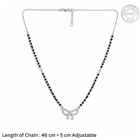 Glittering Bow Mangalsutra – 92.5 Sterling Silver Necklace with Sacred Black Beads and Pavé-Set Crystal Bow Pendant