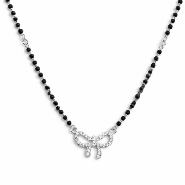 Glittering Bow Mangalsutra – 92.5 Sterling Silver Necklace with Sacred Black Beads and Pavé-Set Crystal Bow Pendant