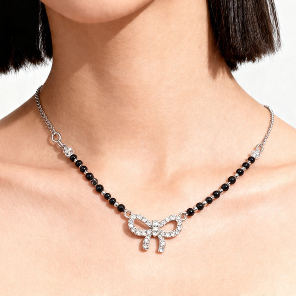 Glittering Bow Mangalsutra – 92.5 Sterling Silver Necklace with Sacred Black Beads and Pavé-Set Crystal Bow Pendant
