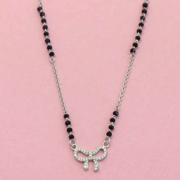 Glittering Bow Mangalsutra – 92.5 Sterling Silver Necklace with Sacred Black Beads and Pavé-Set Crystal Bow Pendant