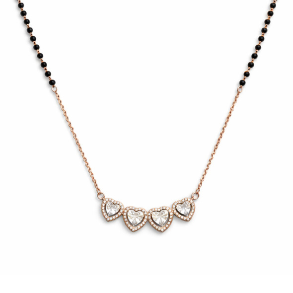 Infinite Hearts Halo Mangalsutra – Rose Gold Plated 92.5 Sterling Silver Necklace with Sacred Black Beads and Quadruple Crystal Heart Pendant