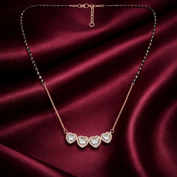 Infinite Hearts Halo Mangalsutra – Rose Gold Plated 92.5 Sterling Silver Necklace with Sacred Black Beads and Quadruple Crystal Heart Pendant
