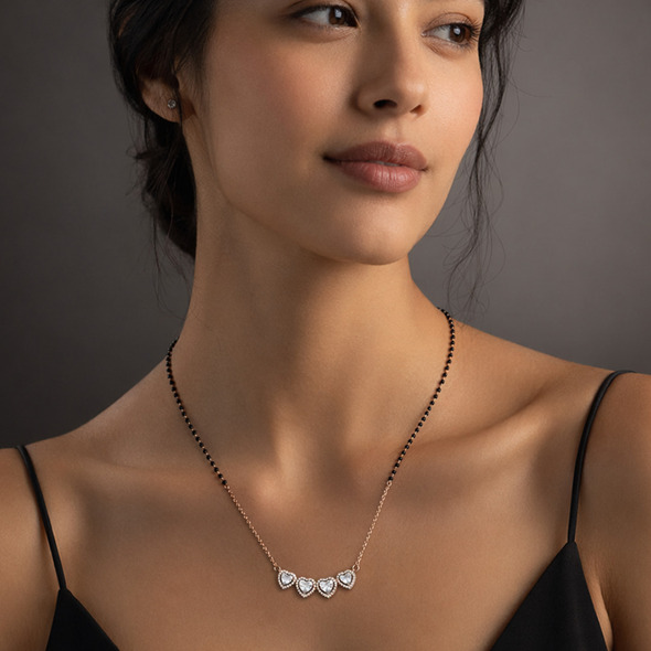 Infinite Hearts Halo Mangalsutra – Rose Gold Plated 92.5 Sterling Silver Necklace with Sacred Black Beads and Quadruple Crystal Heart Pendant