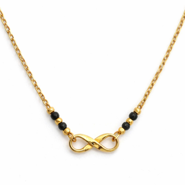 Infinity Bond Mangalsutra – Gold Plated 92.5 Sterling Silver Necklace with Sacred Black Beads and Polished Infinity Symbol