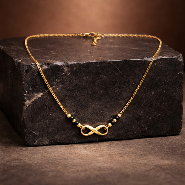 Infinity Bond Mangalsutra – Gold Plated 92.5 Sterling Silver Necklace with Sacred Black Beads and Polished Infinity Symbol