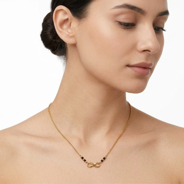 Infinity Bond Mangalsutra – Gold Plated 92.5 Sterling Silver Necklace with Sacred Black Beads and Polished Infinity Symbol