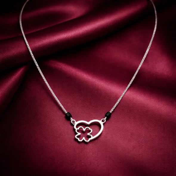 Love & Luck Infinite Mangalsutra – 92.5 Sterling Silver Minimalist Necklace with Heart-Clover Pendant and Sacred Black Beads