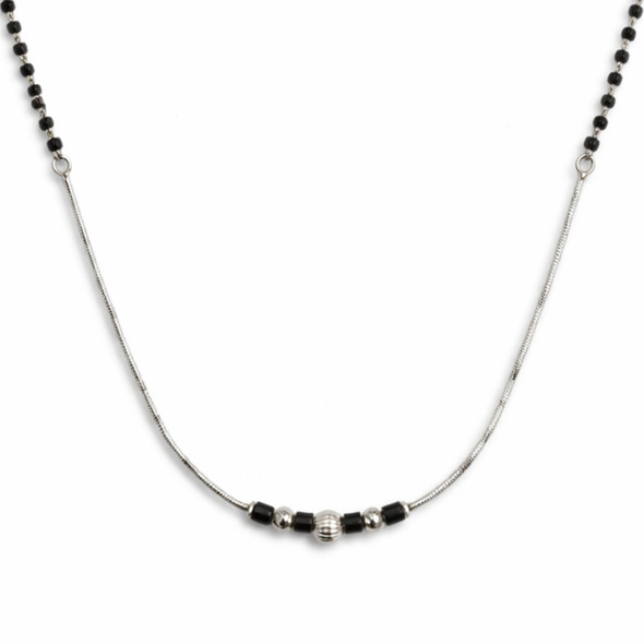 Minimalist Snake Chain Mangalsutra – 92.5 Sterling Silver Necklace with Sacred Black Beads and Textured Silver Accents