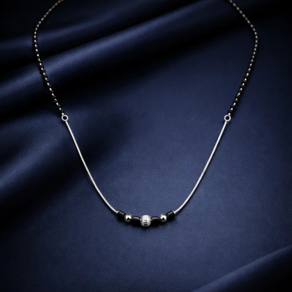 Minimalist Snake Chain Mangalsutra – 92.5 Sterling Silver Necklace with Sacred Black Beads and Textured Silver Accents
