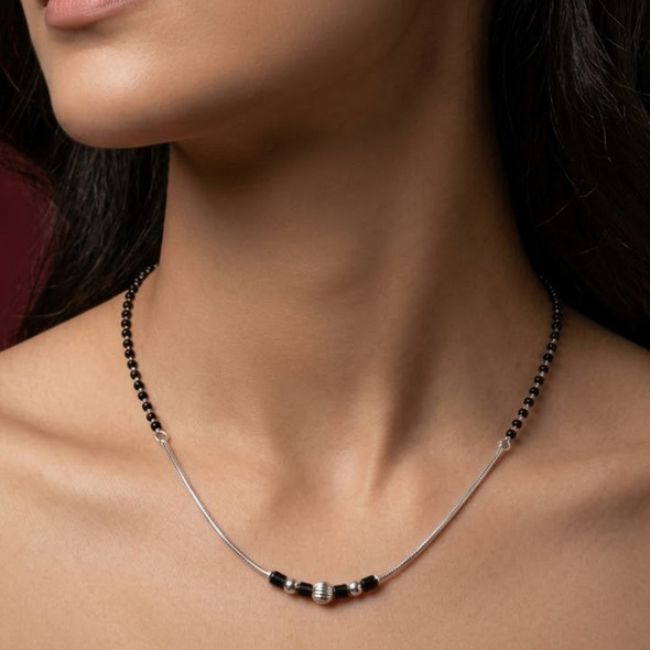 Minimalist Snake Chain Mangalsutra – 92.5 Sterling Silver Necklace with Sacred Black Beads and Textured Silver Accents