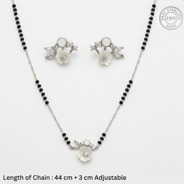 Mother of Pearl Blossom Mangalsutra Set – 92.5 Sterling Silver Necklace and Earring Set with Sacred Black Beads and Crystal Leaf Accents