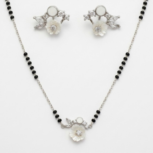 Mother of Pearl Blossom Mangalsutra Set – 92.5 Sterling Silver Necklace and Earring Set with Sacred Black Beads and Crystal Leaf Accents
