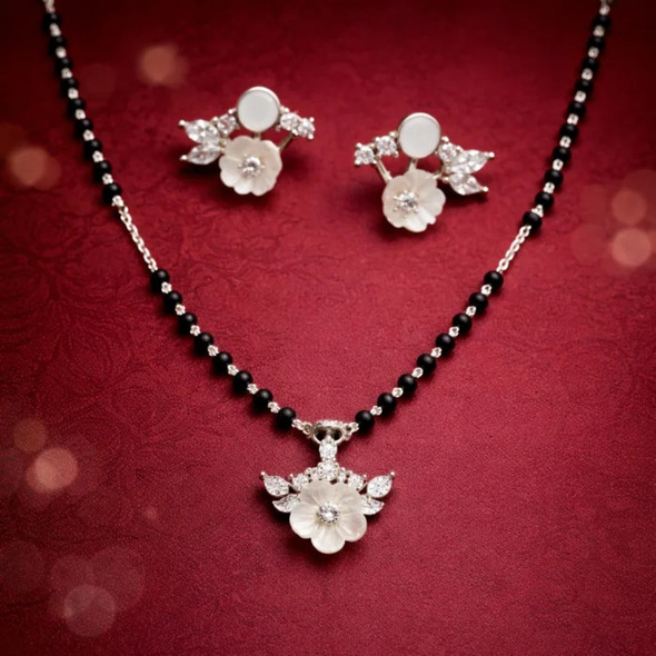 Mother of Pearl Blossom Mangalsutra Set – 92.5 Sterling Silver Necklace and Earring Set with Sacred Black Beads and Crystal Leaf Accents